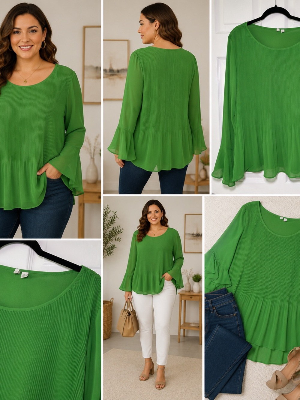 Womens Green Pleated Flounce Sleeve Top